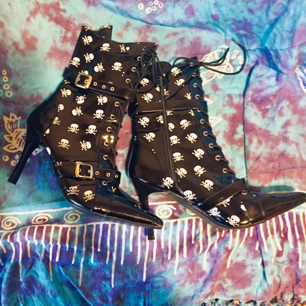 Cute Gothic Vinyl Skull Boot With Heel Size:10